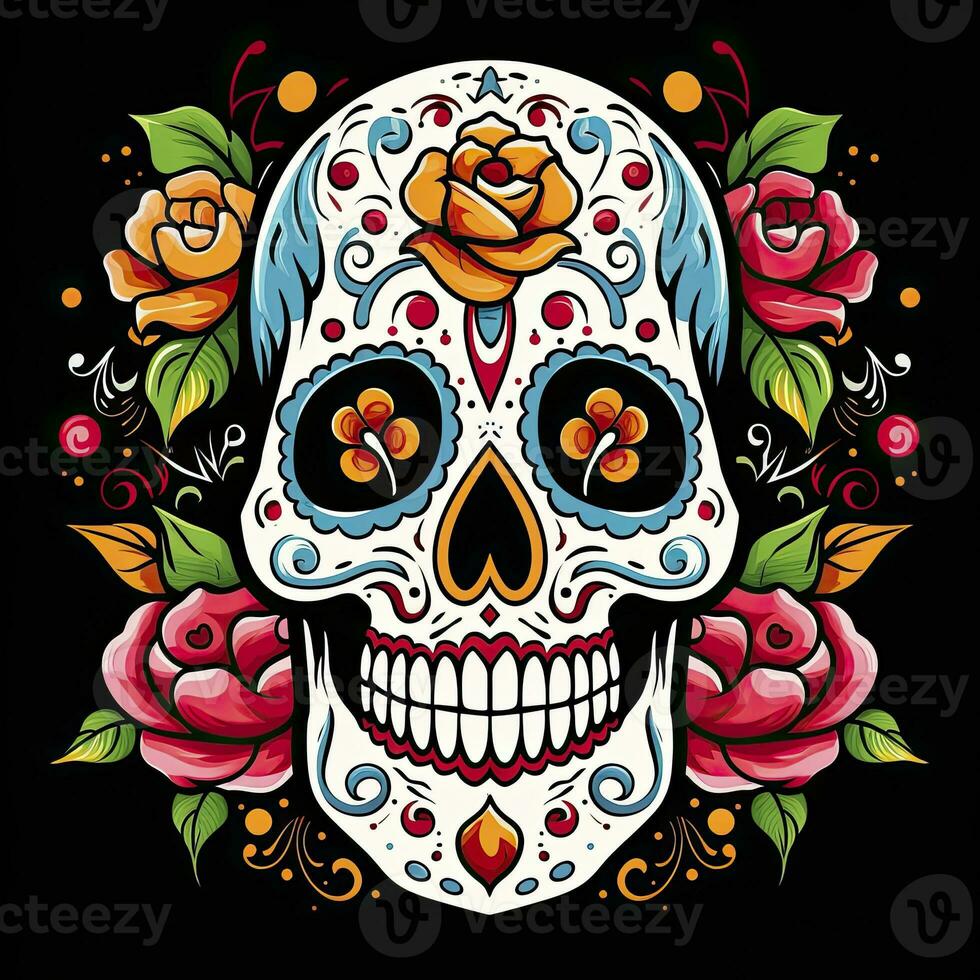 ai generiert Mexikaner Rosen Schädel. Mexikaner Rosen Schädel. dia de los Muertos Shugar bunt Kopf. ai generiert foto