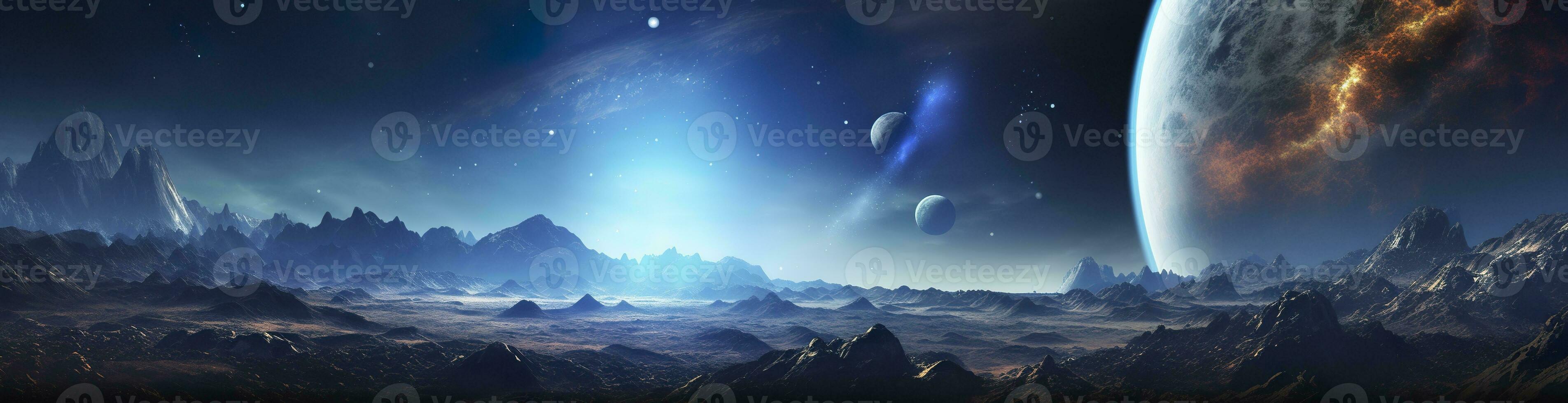 ai generiert Panorama von entfernt Planet System im Raum 3d Rendern Elemente. generativ ai foto