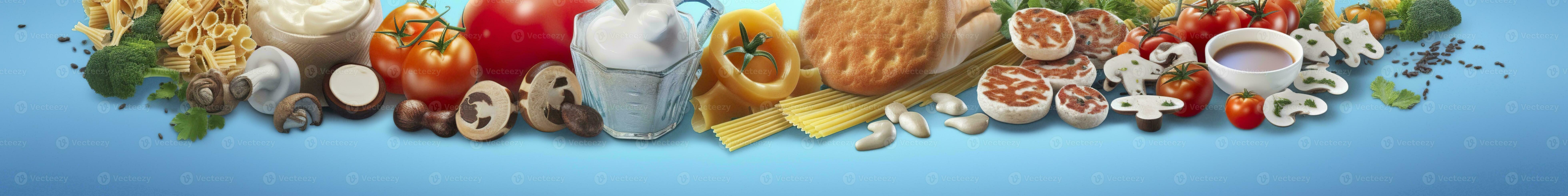 ai generiert Netz Seite Banner von berühmt Italienisch Essen Rezepte auf sauber Blau Hintergrund. ai generiert foto