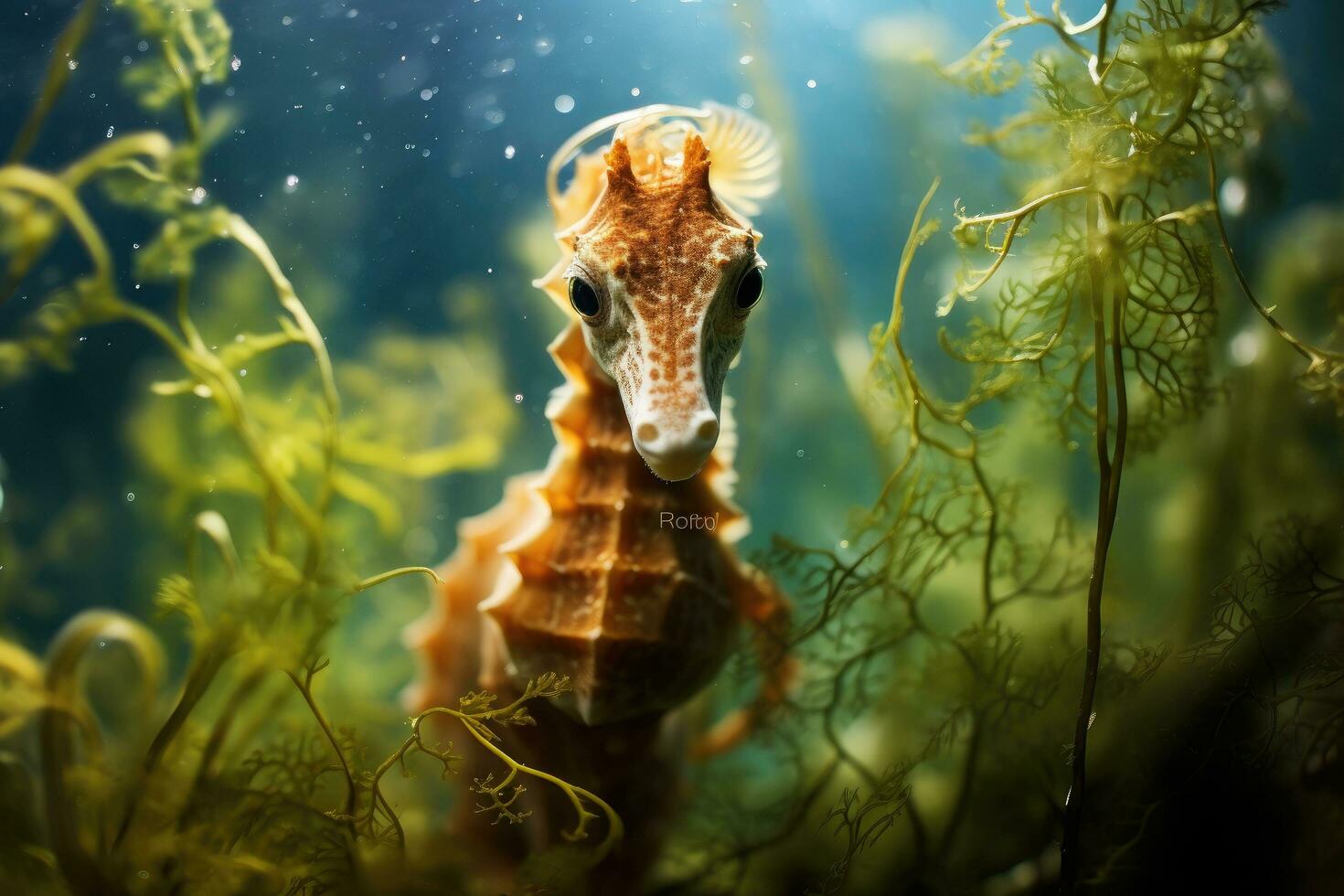 ai generiert Hippocampus Seepferdchen Hippocampus Seepferdchen im Aquarium, ein Nahansicht von ein Seepferdchen navigieren durch unter Wasser Vegetation, ai generiert foto