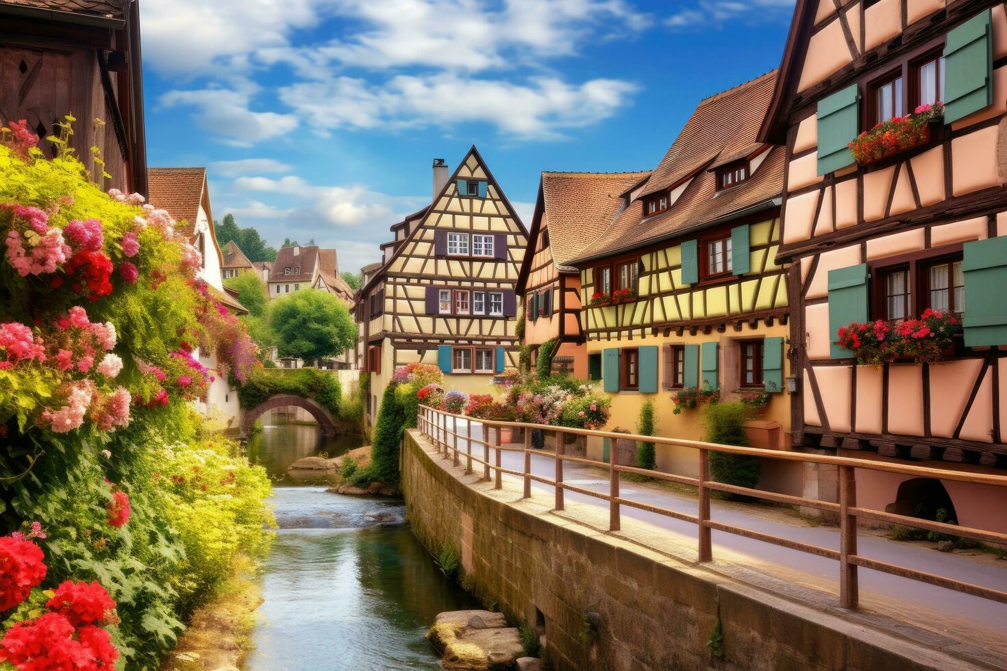 ai generiert bunt Fachwerk Häuser im zierlich Frankreich, Straßburg, Elsass, Frankreich, ein charmant, gepflastert europäisch Dorf mit hell, urig Häuser, ai generiert foto