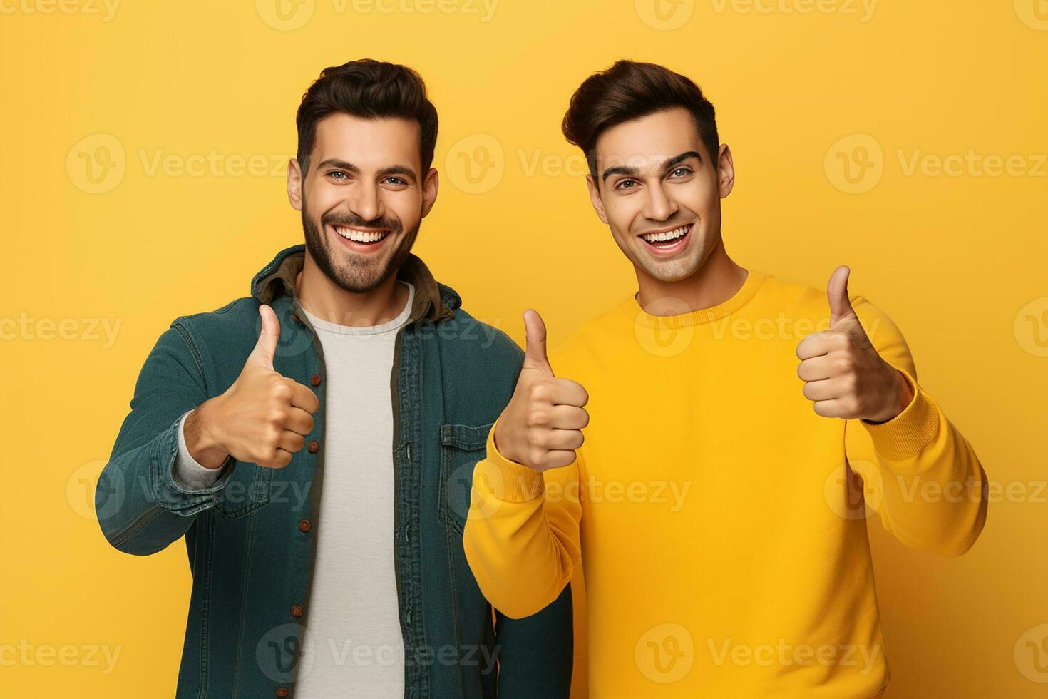 ai generiert Porträt von ein zwei glücklich jung Männer zeigen Daumen oben isoliert Über Gelb Hintergrund foto