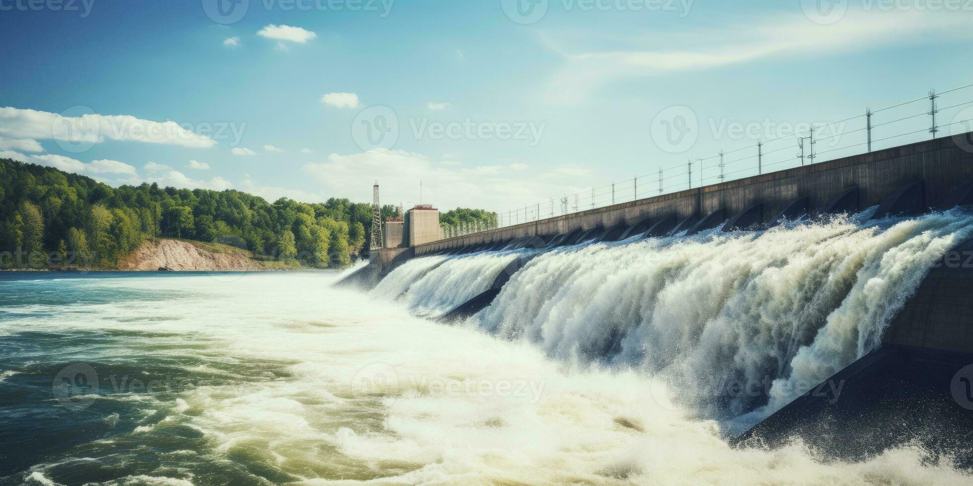 ai generiert Wasserkraft Damm Erstellen Grün Energie von fließend Wasser. ai generiert. foto