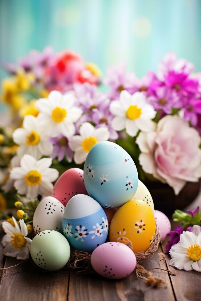 ai generiert ein schön Hintergrund mit bunt Ostern Eier und Blühen Frühling Blumen, foto