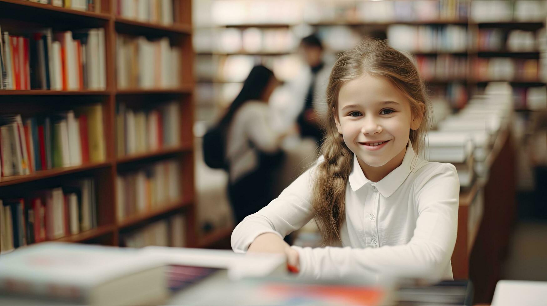 ai generiert 10 Jahr alt Mädchen Schüler im ein Licht Sweatshirt steht im ein Buchhandlung unter das Regale mit Bücher. zurück zu Schule Konzept. foto