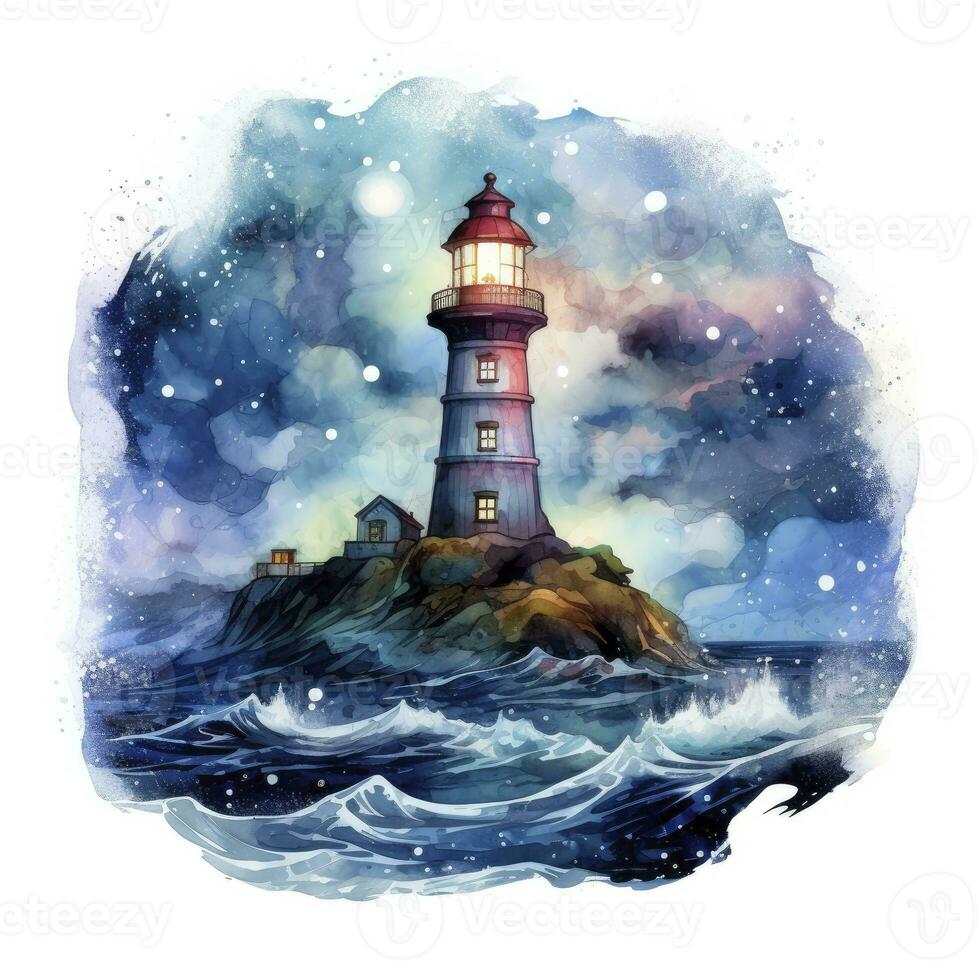 ai generiert Leuchtturm neben das Meer beim Nacht. Aquarell zum T-Shirt Design. ai generiert foto