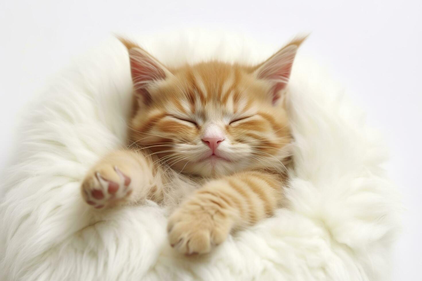 ai generiert rot Kätzchen, Katze Schlafen süß auf Weiß Fell. generativ ai foto