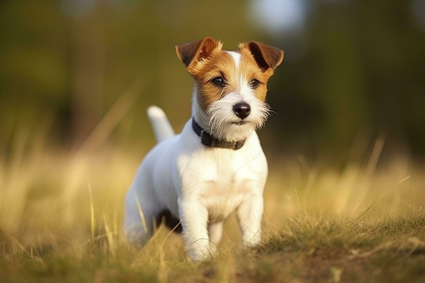 ai generiert glücklich Jack Russell Terrier Haustier Hund warten, Hören im das Gras. ai generiert foto