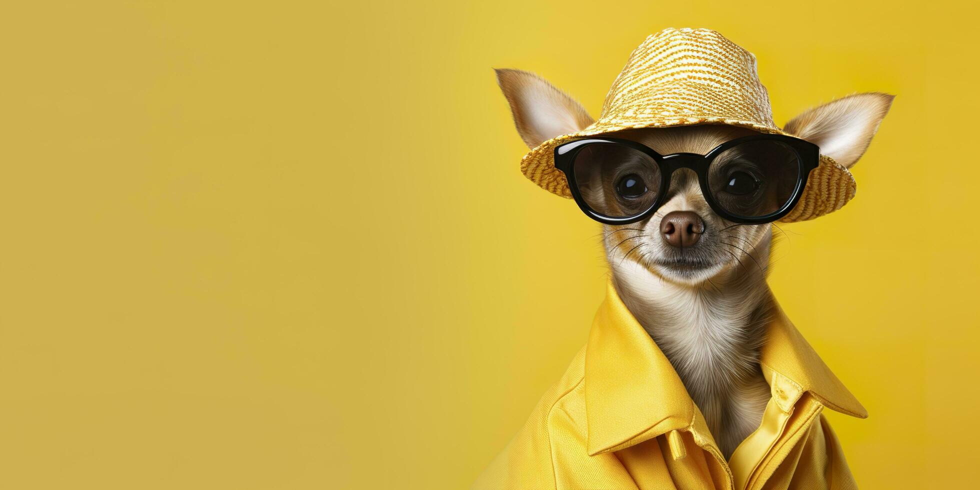 ai generiert cool suchen Chihuahua Hund tragen funky Mode Kleid. Raum zum Text richtig Seite. generativ ai foto