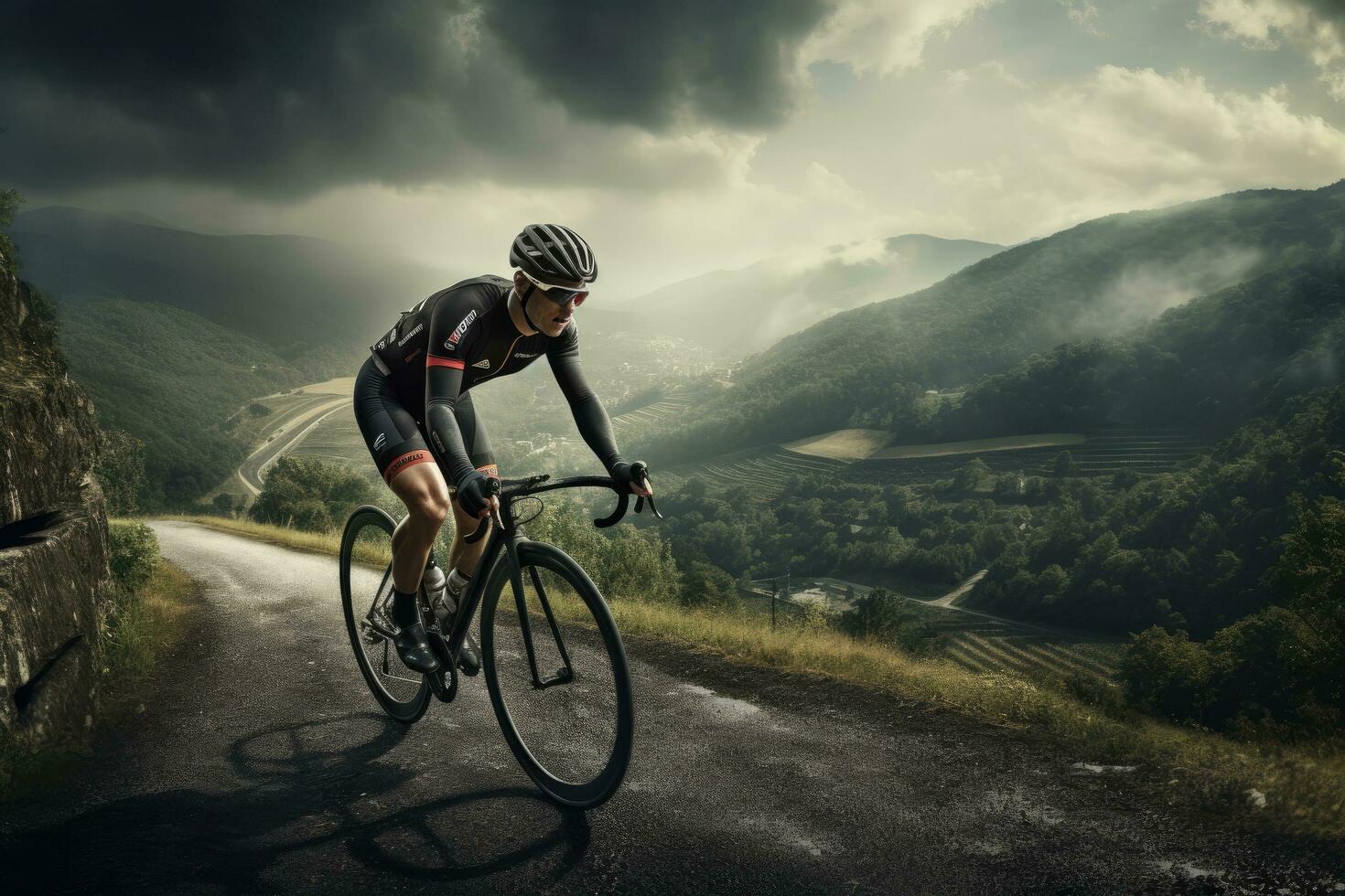 ai generiert Radfahrer Reiten auf das Straße im das Berge während ein sonnig Tag, ein Radfahrer Treten bergauf im das Landschaft, ai generiert foto