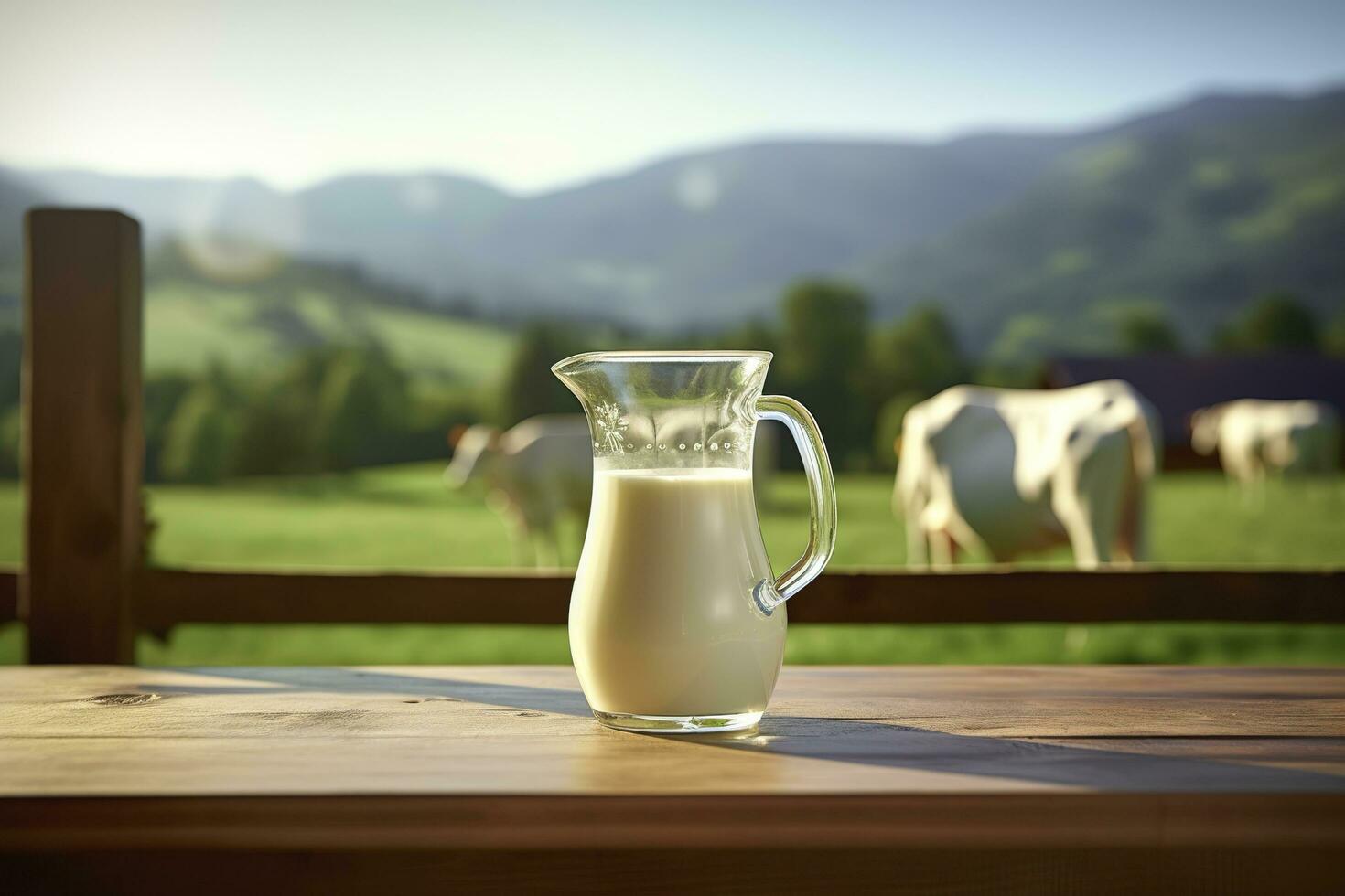 ai generiert Glas Krug mit frisch Milch auf ein hölzern Tisch. ai generiert foto