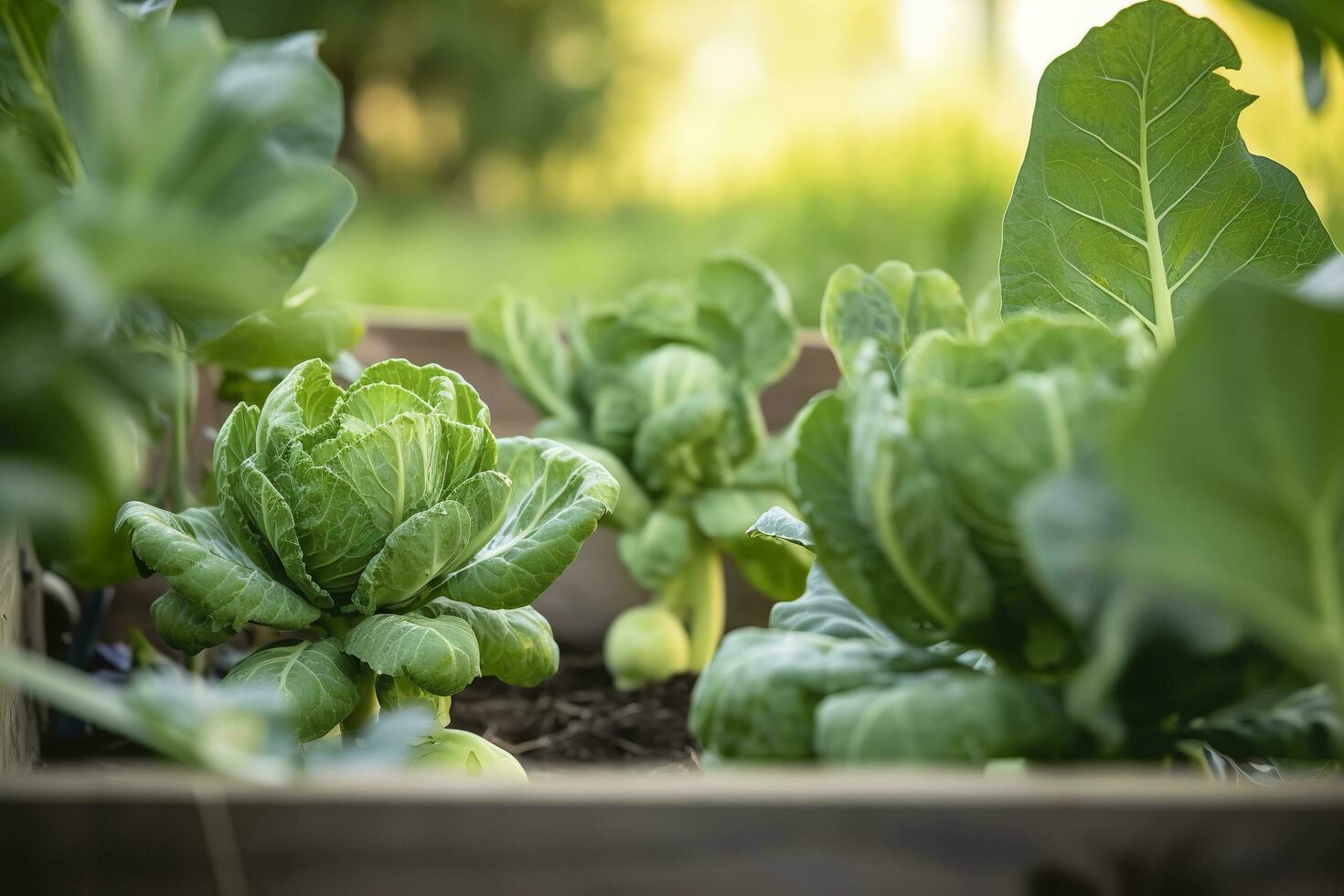 ai generiert frisch organisch Brüssel Sprossen wachsend im das Garten. wachsend besitzen Früchte, Gemüse. ai generiert foto