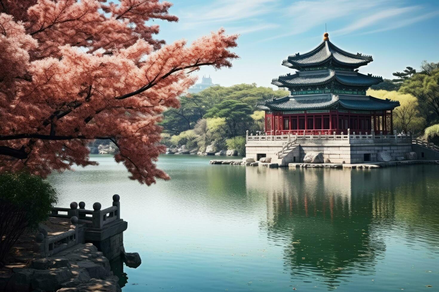ai generiert schön asiatisch die Architektur im das Park mit Kirsche Blüten, Kaiserliche Sommer- Palast im Peking, China, ai generiert foto