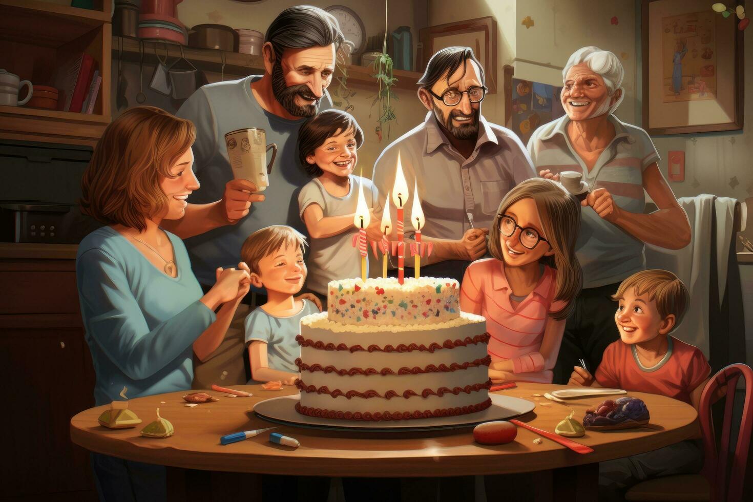 ai generiert glücklich Familie feiern Geburtstag mit Kuchen und Kerzen im Zimmer dekoriert zum Weihnachten, ein Familie feiern ein Geburtstag mit ein hausgemacht Kuchen, ai generiert foto
