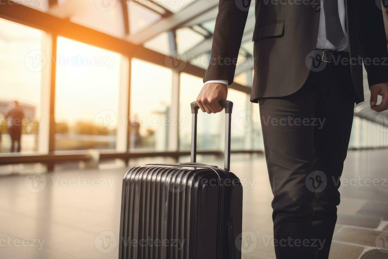 ai generiert Geschäftsmann Schleppen Koffer Gepäck Tasche im Flughafen, Geschäft Ausflug Konzept foto
