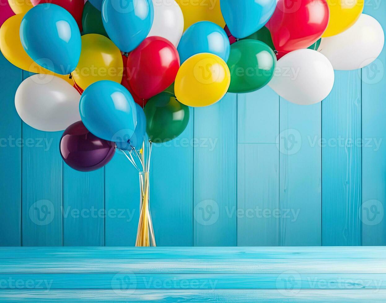 ai generiert hölzern Tabelle auf oben Über bunt Luftballons. generativ ai foto