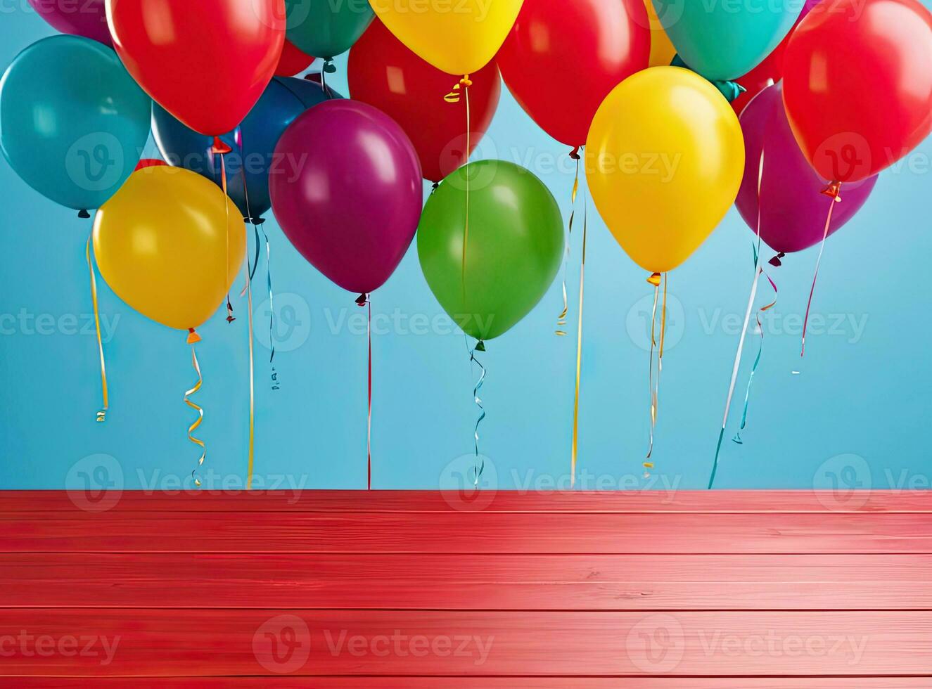 ai generiert hölzern Tabelle auf oben Über Luftballons Hintergrund. generativ ai foto