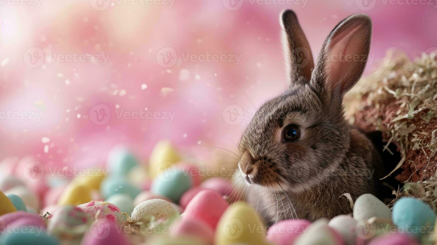 ai generiert bezaubernd Ostern Hase mit Ostern Eier, bunt Ostern Eier, Banner und Hintergrund foto