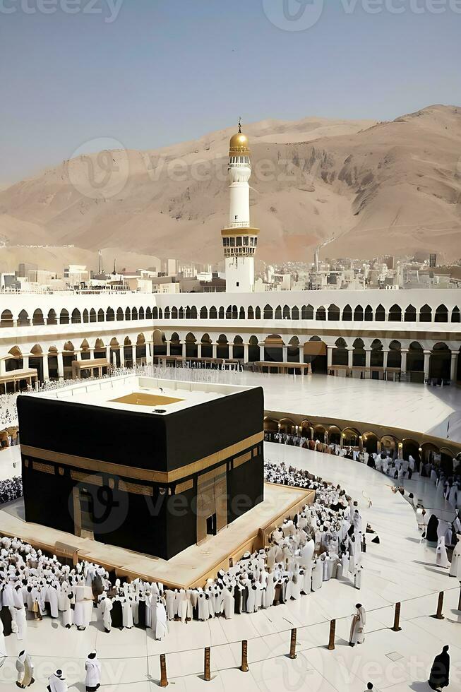 ai generiert Muslim Gemeinschaft feiert eid beschwingt Kaaba Szene im Mekka foto