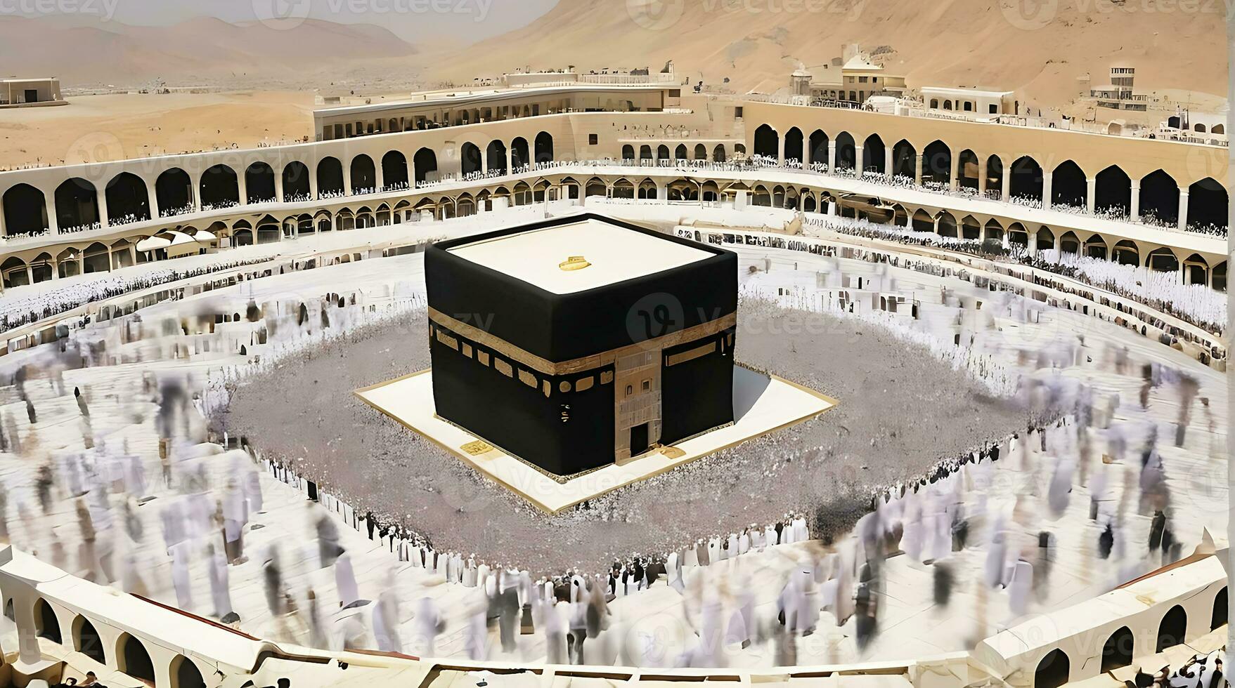 ai generiert islamisch Feierlichkeiten Ramadan und eid beim Mekka Kaaba Center foto