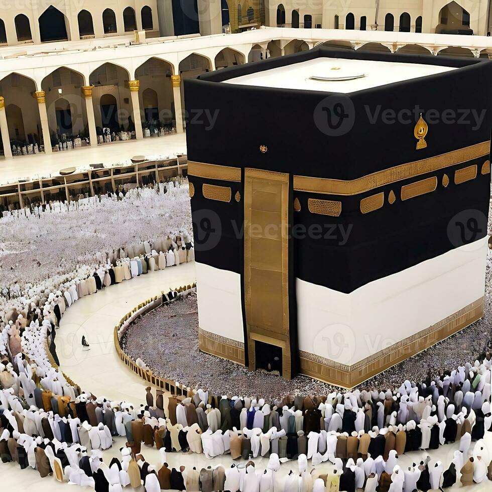 ai generiert Muslim Gemeinschaft feiert eid beschwingt Kaaba Szene im Mekka foto