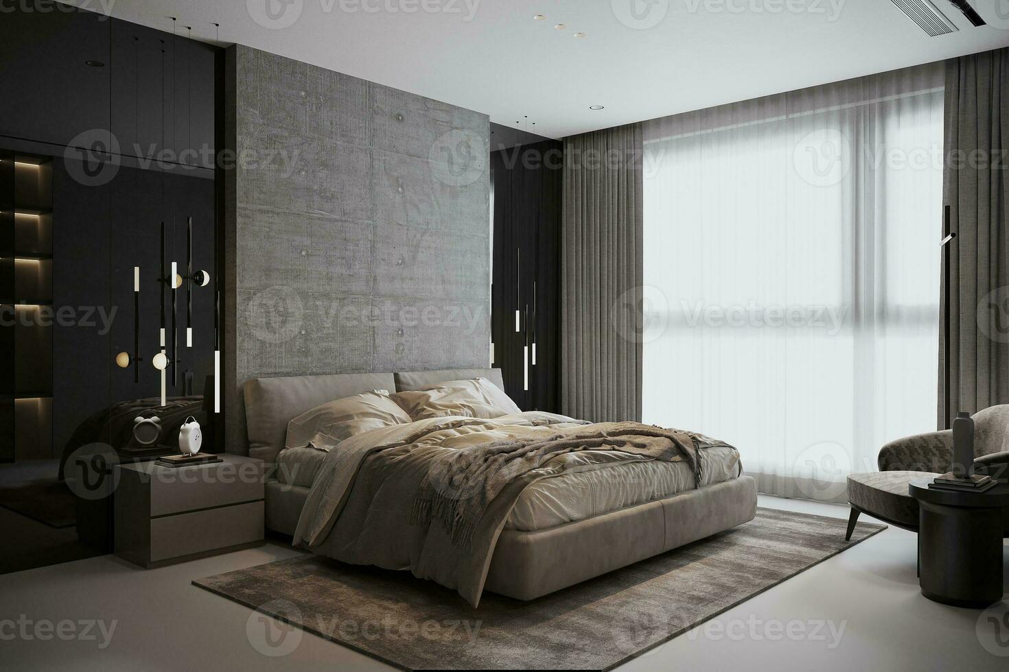 das stilvoll Innere von ein komfortabel Schlafzimmer, mit ein groß Fenster. foto