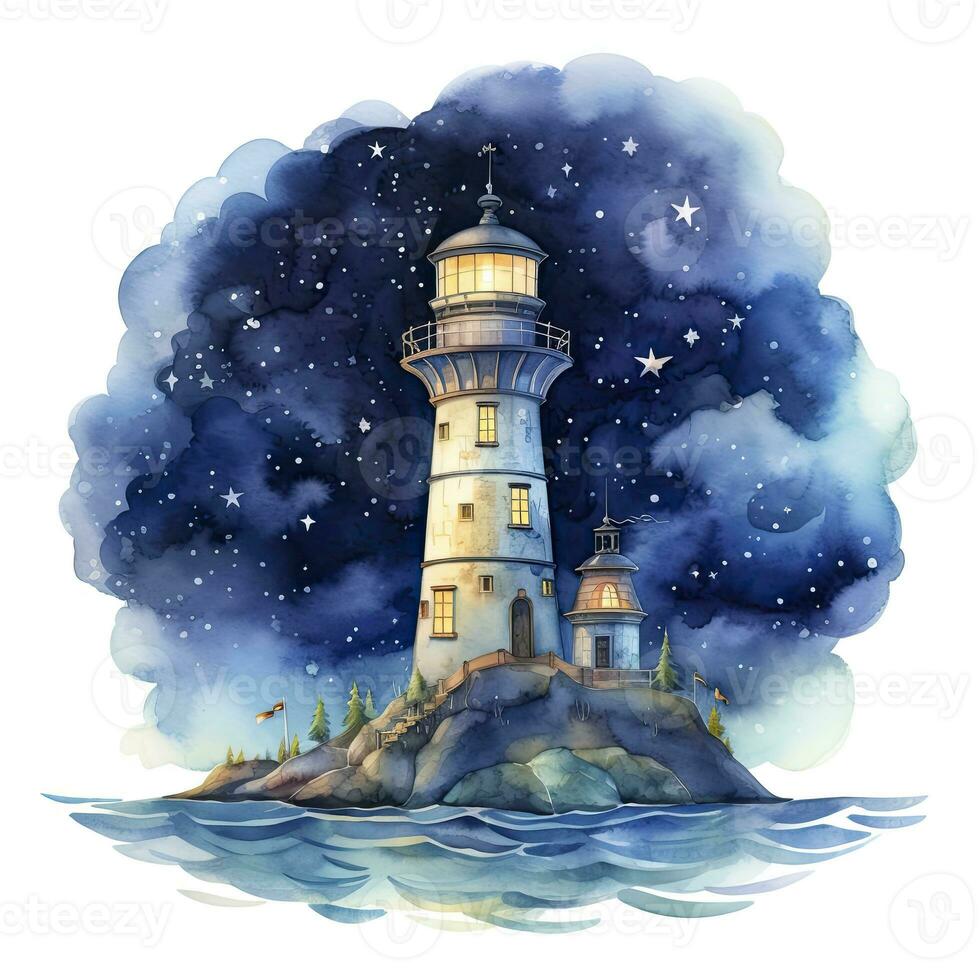 ai generiert Leuchtturm neben das Meer beim Nacht. Aquarell zum T-Shirt Design. ai generiert foto