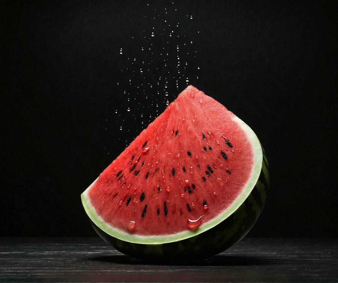 ai generiert Wassermelone mit Tropfen von Wasser auf hölzern Tisch, schwarz Hintergrund. foto