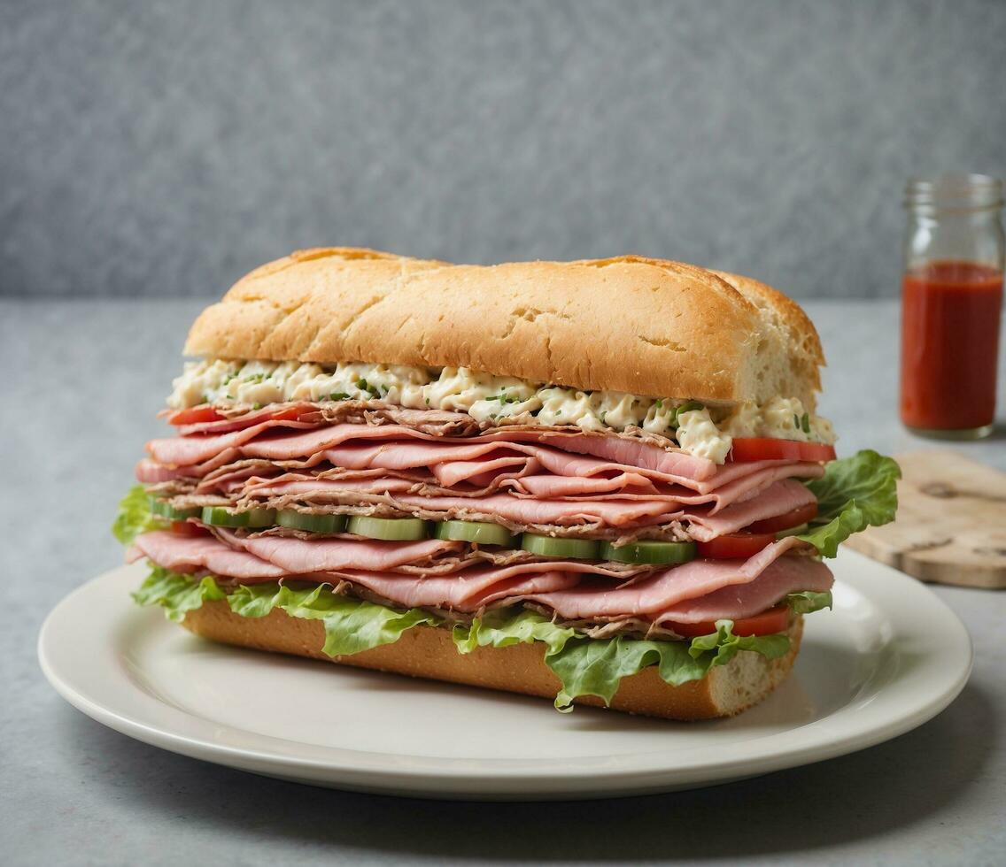 ai generiert Sandwich mit Schinken, Käse, Kopfsalat, Tomate und Mayonnaise foto