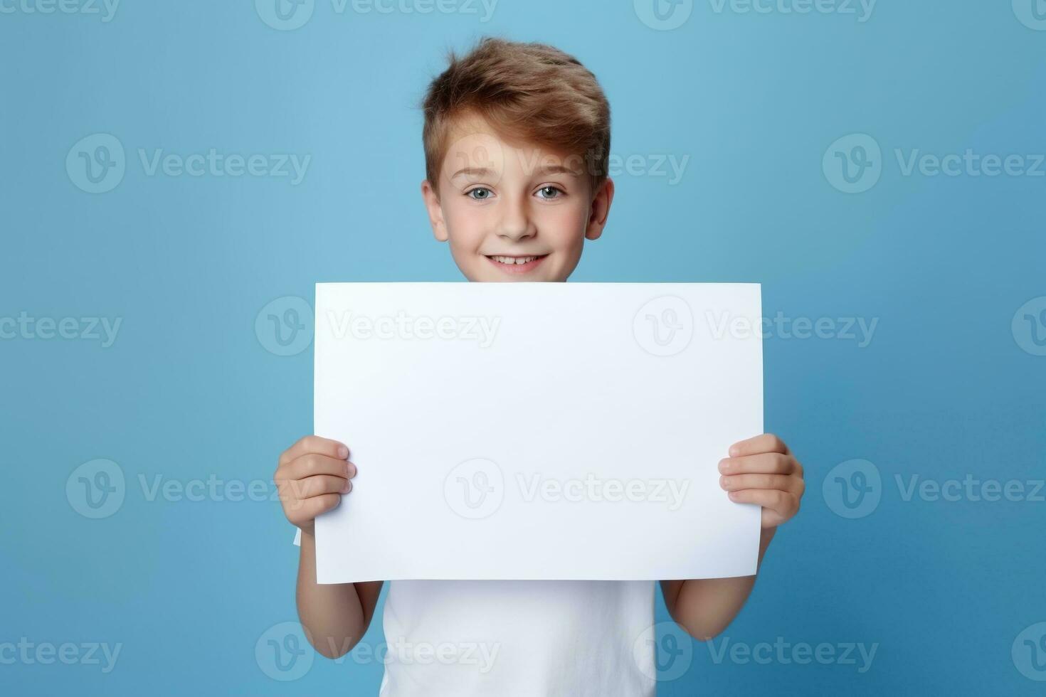 ai generiert wenig Junge halten ein leer Weiß Blatt von Papier foto