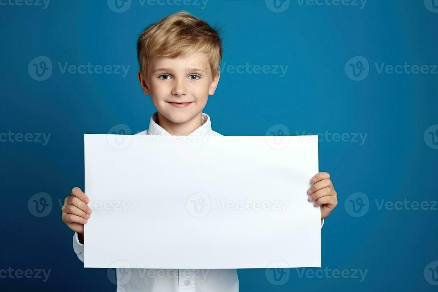 ai generiert wenig Junge halten ein leer Weiß Blatt von Papier foto