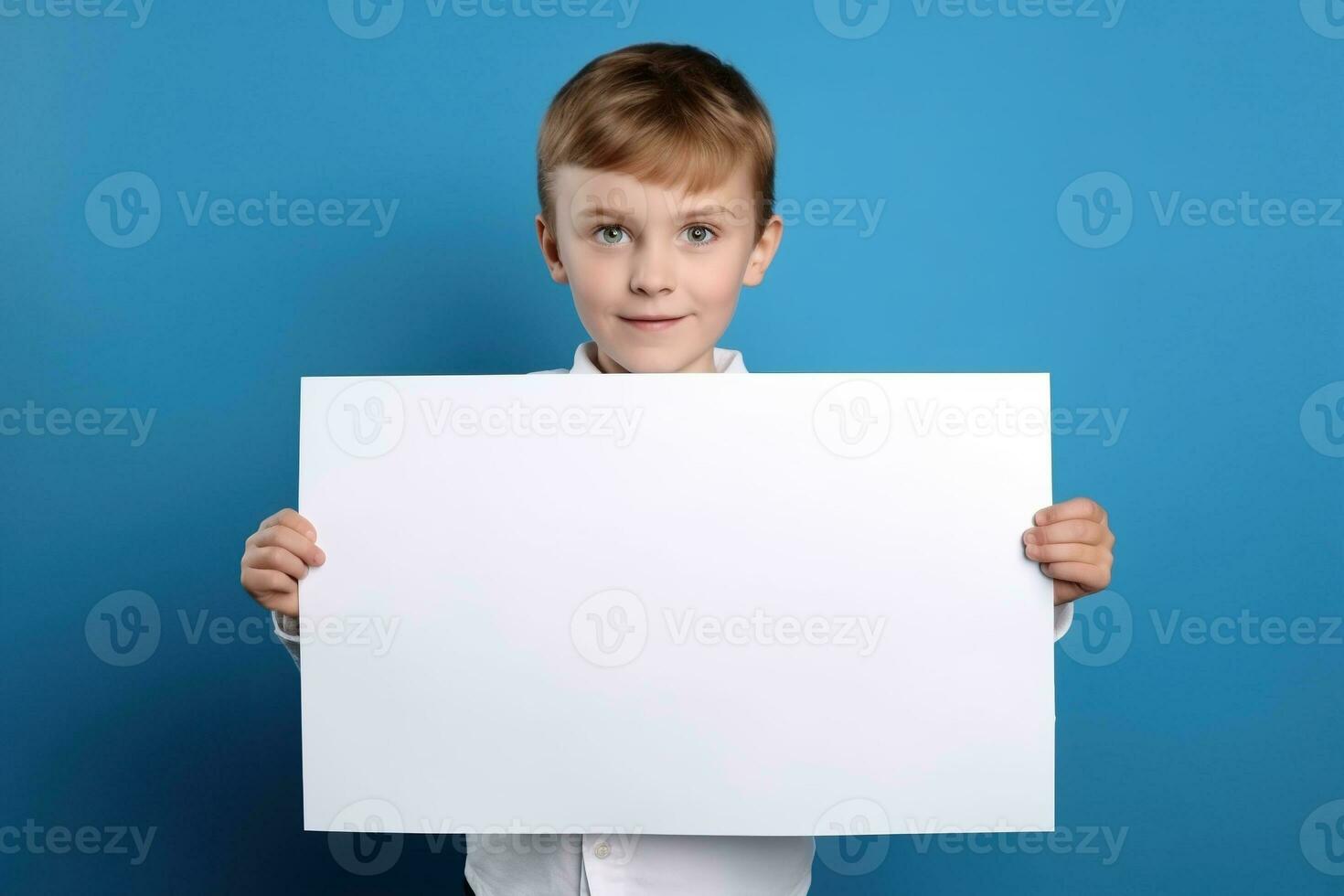 ai generiert wenig Junge halten ein leer Weiß Blatt von Papier foto