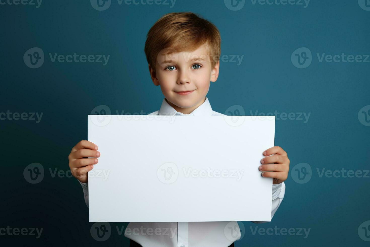 ai generiert wenig Junge halten ein leer Weiß Blatt von Papier foto