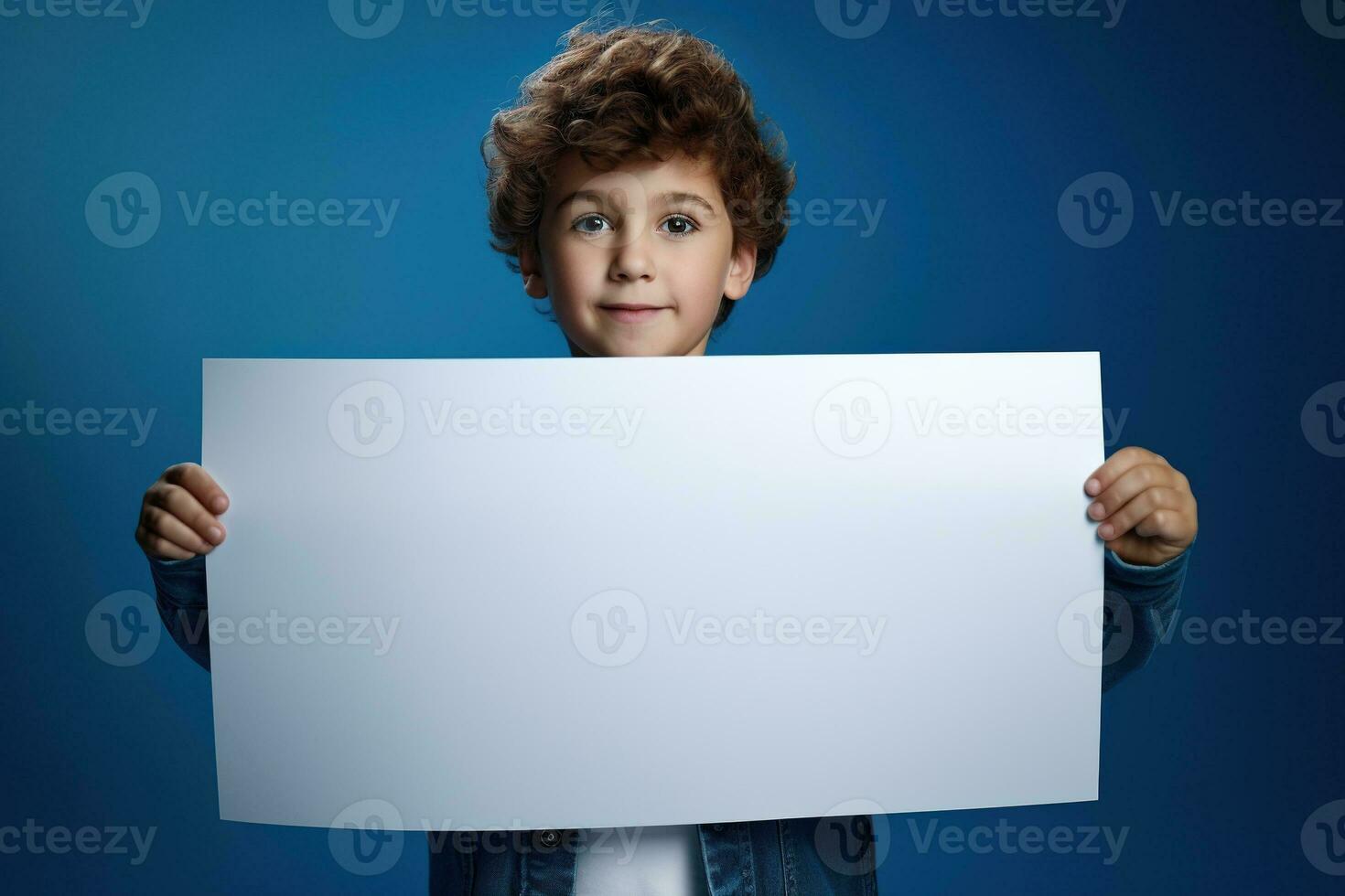 ai generiert wenig Junge halten ein leer Weiß Blatt von Papier foto