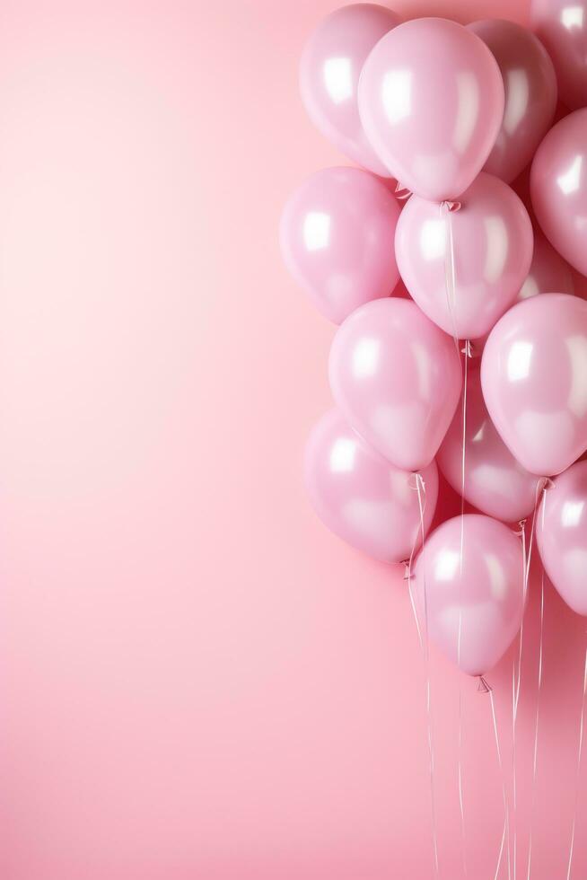 ai generiert minimalistisch Hintergrund, Luftballons, groß Copyspace Bereich, Pastell- Rosa Hintergrund, nicht zentriert Komposition foto