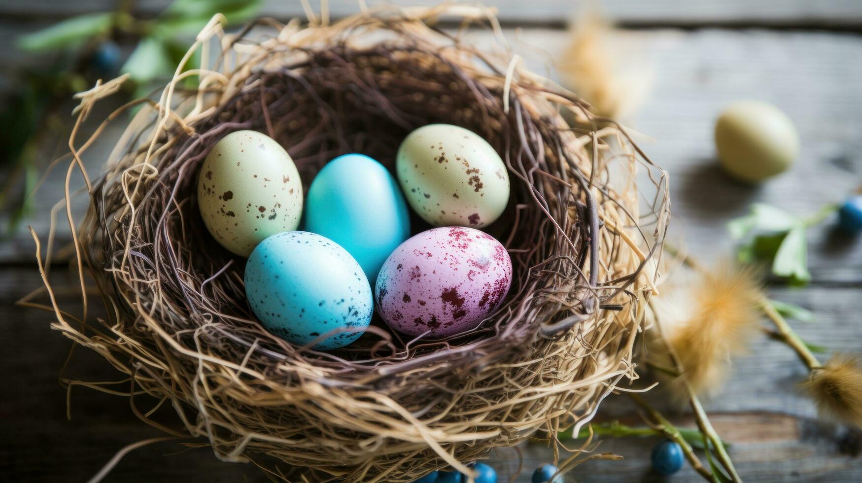 ai generiert ein rustikal, natürlich Hintergrund mit ein Vogel Nest gefüllt mit gesprenkelt Ostern Eier foto