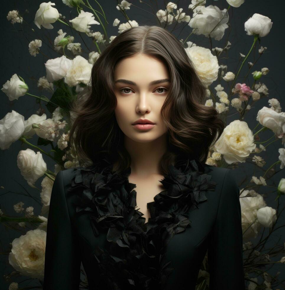 ai generiert ein Frau im schwarz posieren mit Blumen, foto