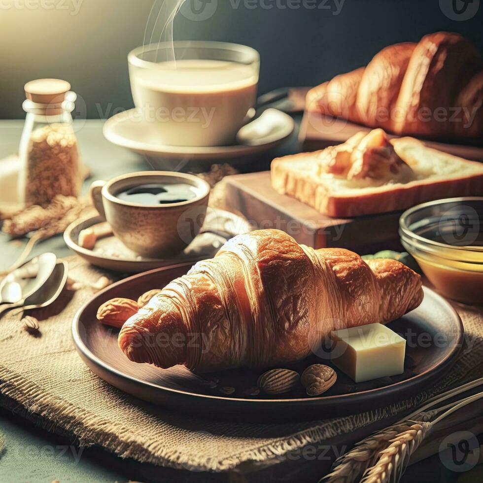 ai generiert Frühstück Croissant mit ein Tasse Kaffee mit Licht Exposition ai generativ foto