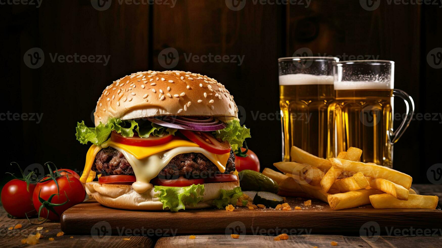 ai generiert köstlich und saftig Burger auf das Tabelle ai generativ foto