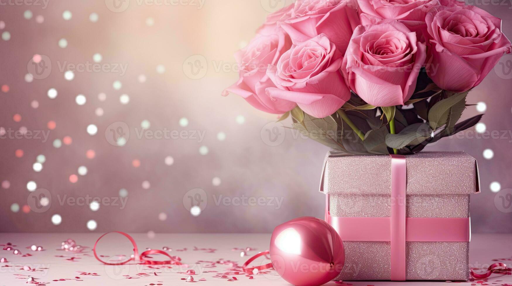 ai generiert Rosa Rose Blume mit Geschenk Box ai generativ foto