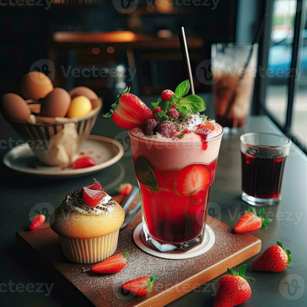 ai generiert Erdbeere Cocktail mit Tasse Kuchen ai generativ foto