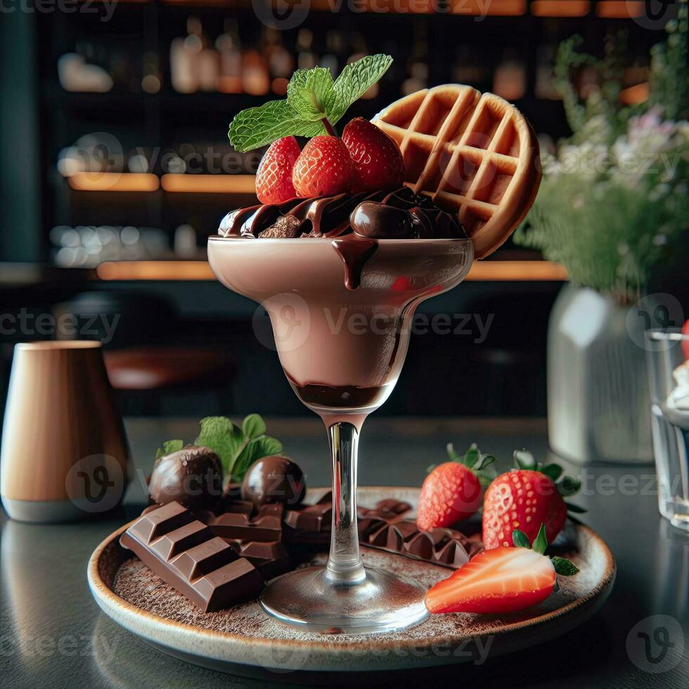 ai generiert Schokolade Dessert mit Erdbeere Belag ai generativ foto