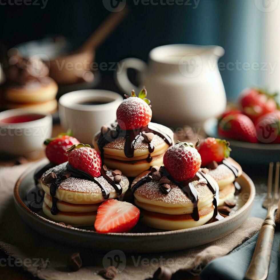 ai generiert Mini Pfannkuchen mit Erdbeere Belag ai generativ foto