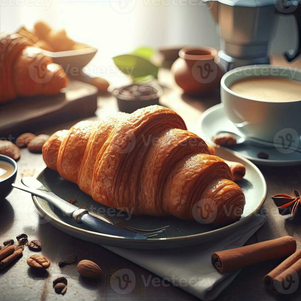 ai generiert Frühstück Croissant mit ein Tasse Kaffee ai generativ foto