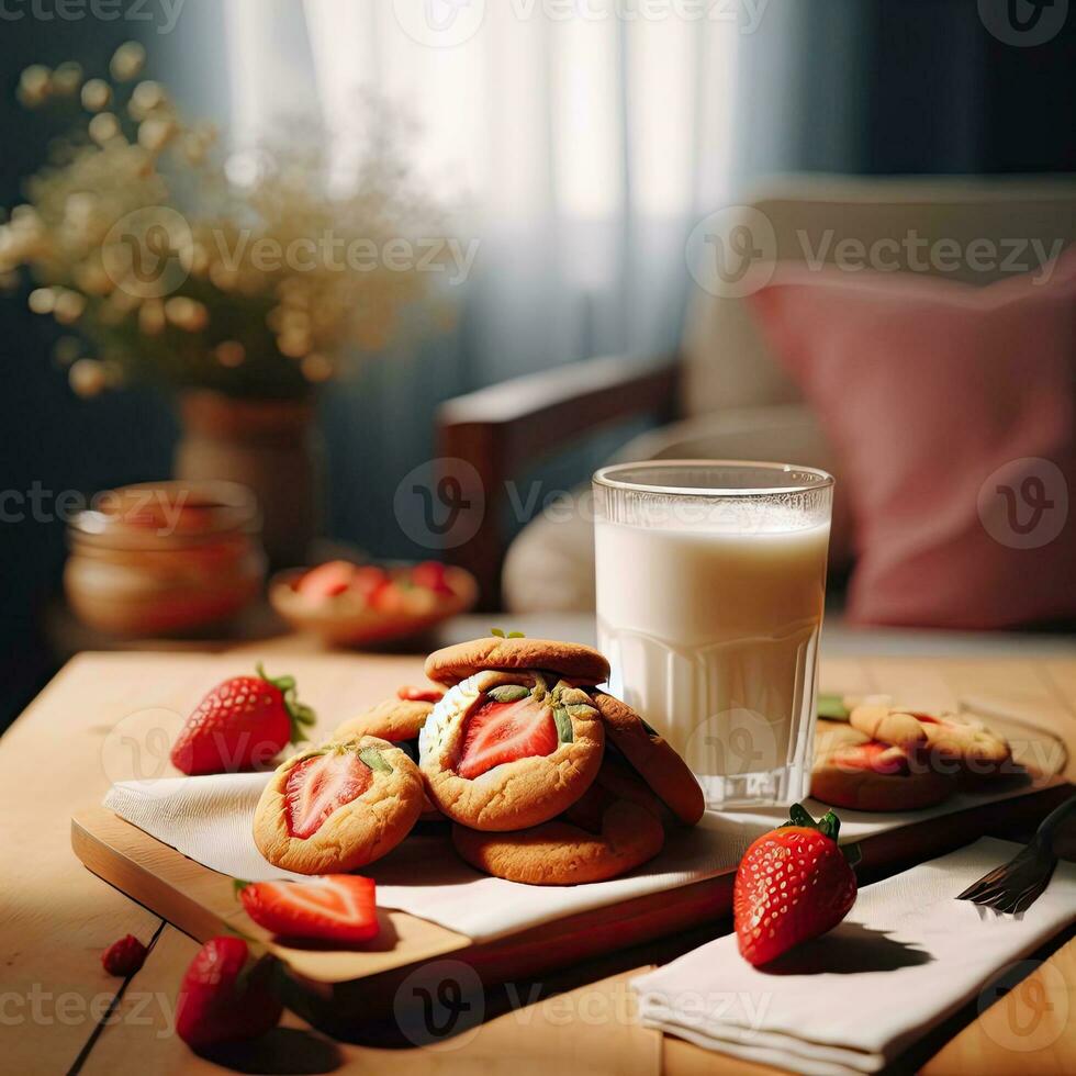 ai generiert Erdbeere Kekse mit ein Glas von Milch ai generativ foto