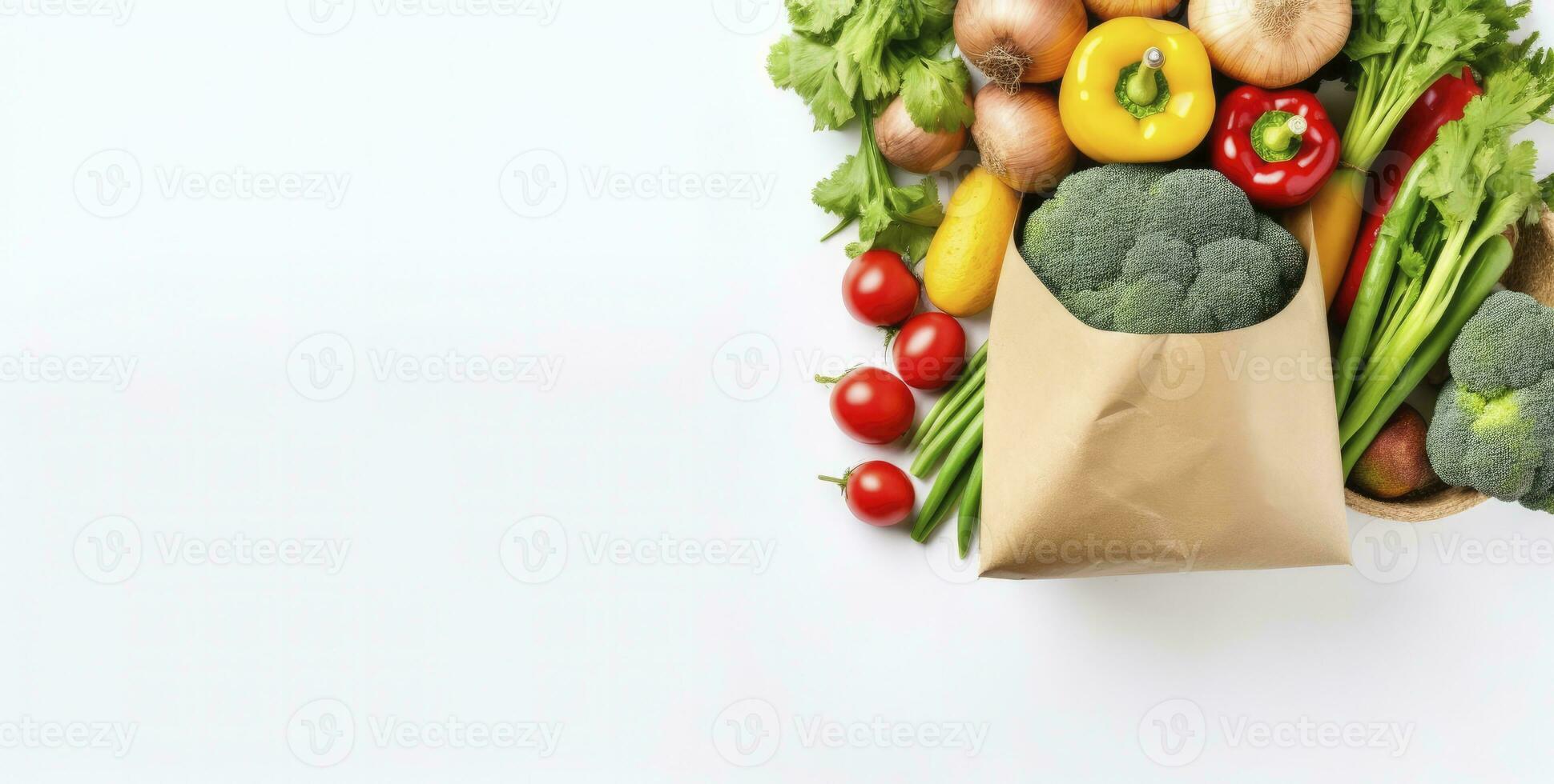 ai generiert gesund Essen im Papier Tasche Gemüse und Früchte auf Weiß Hintergrund. ai generiert foto