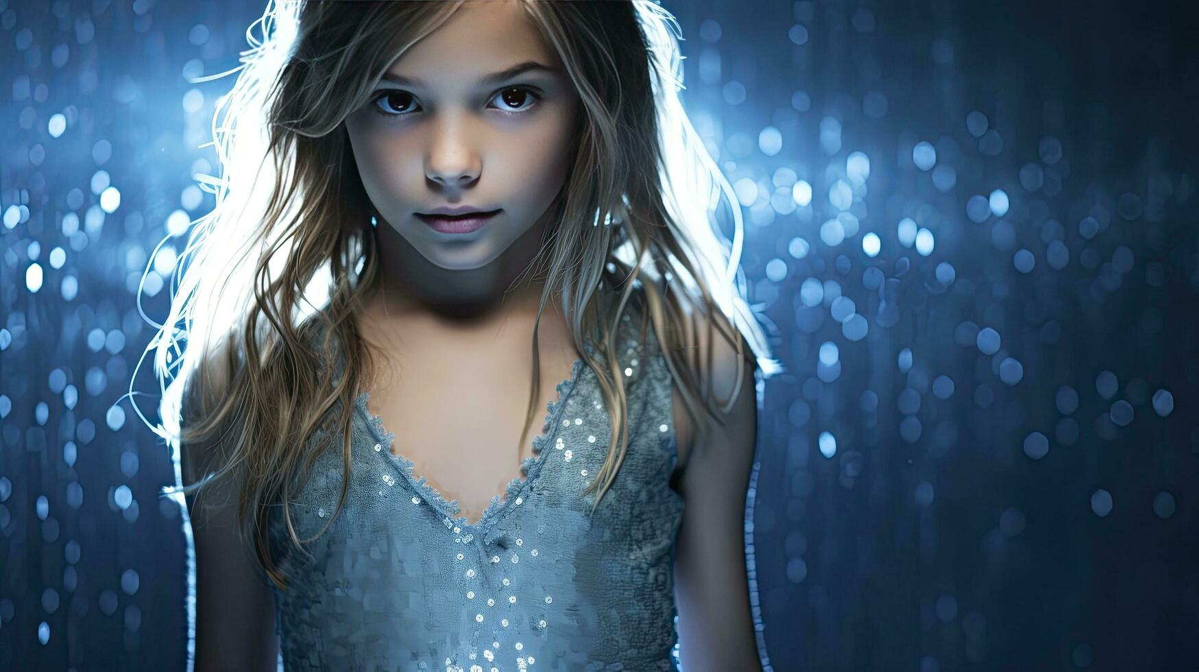 ai generiert Nahansicht Foto von ein schön Mädchen im Blau mit Beleuchtung