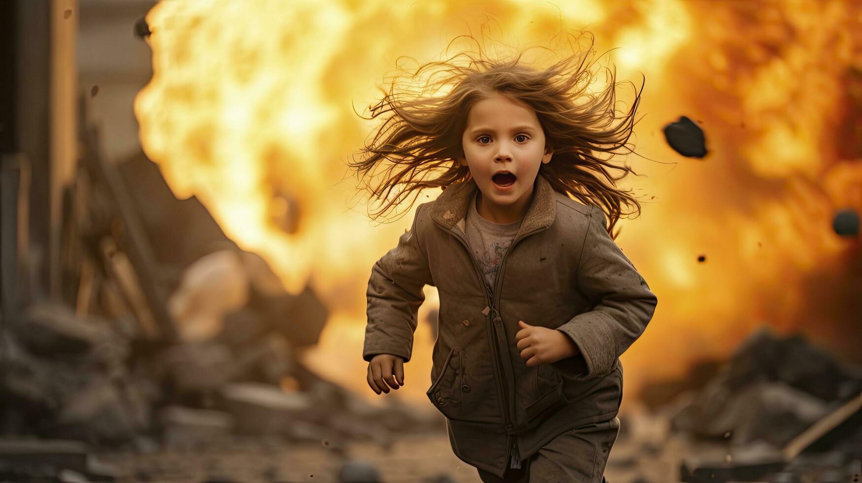 ai generiert ein wenig erschrocken Muslim Mädchen läuft Weg von das Explosion während das Krieg foto