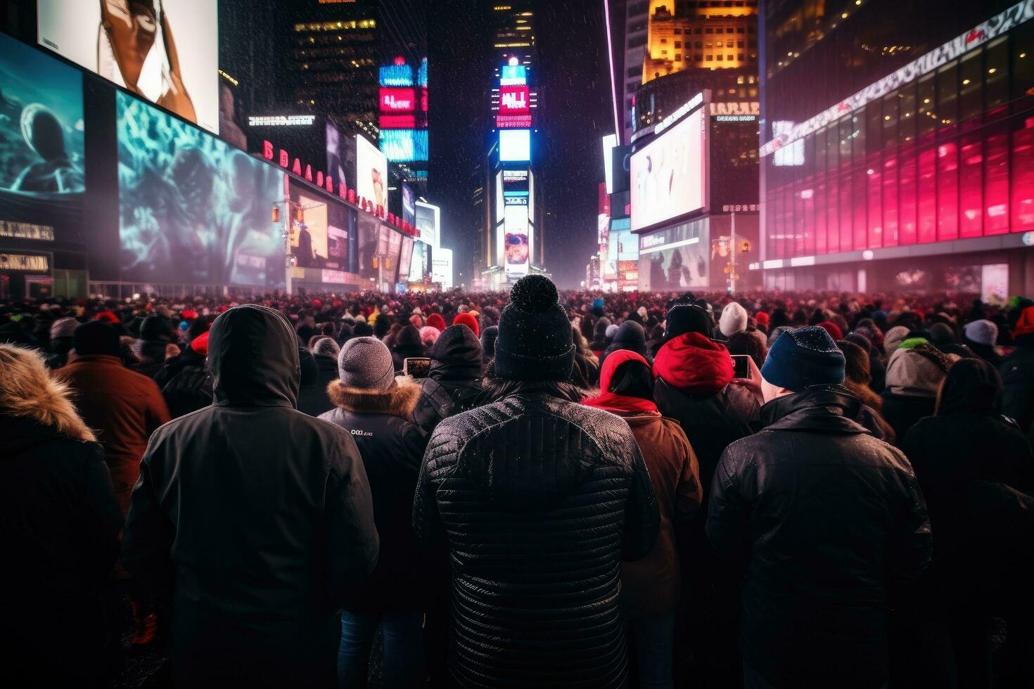 ai generiert Menschenmassen von Menschen beim mal Platz im Neu York, USA. mal Platz ist ein Haupt kommerziell Überschneidung und Unterhaltung Bereich im Manhattan, ein Menge warten zum das Ball fallen beim mal Platz foto