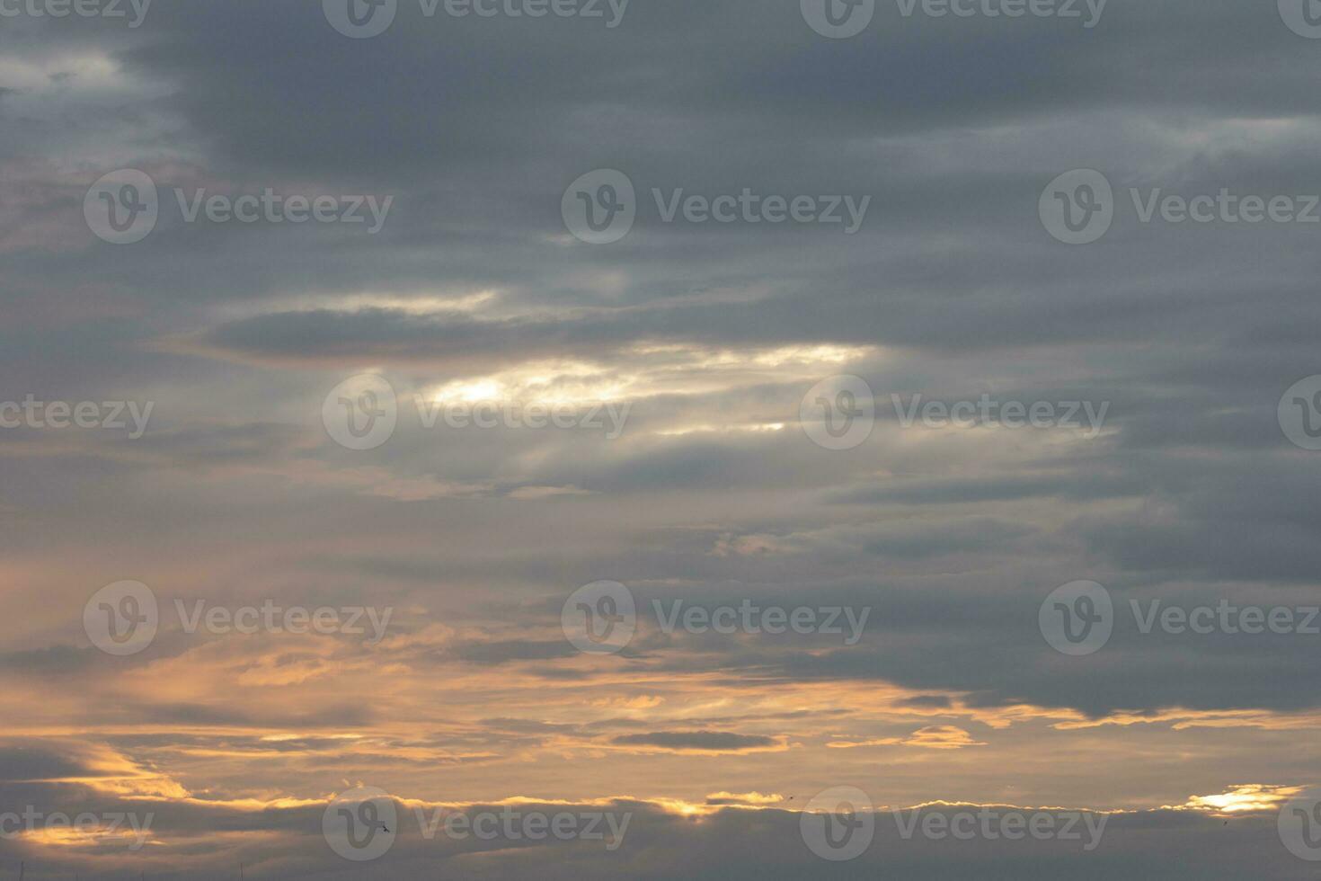 Morgen Wolken mit das Sonne leuchtenden und zwei Vögel. foto